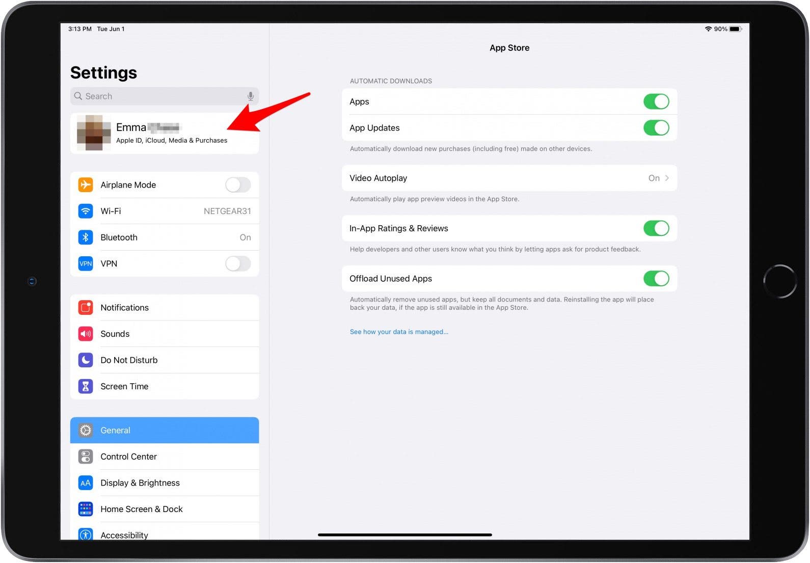 Appuyez sur votre profil Apple ID pour sauvegarder pour vendre un iPad