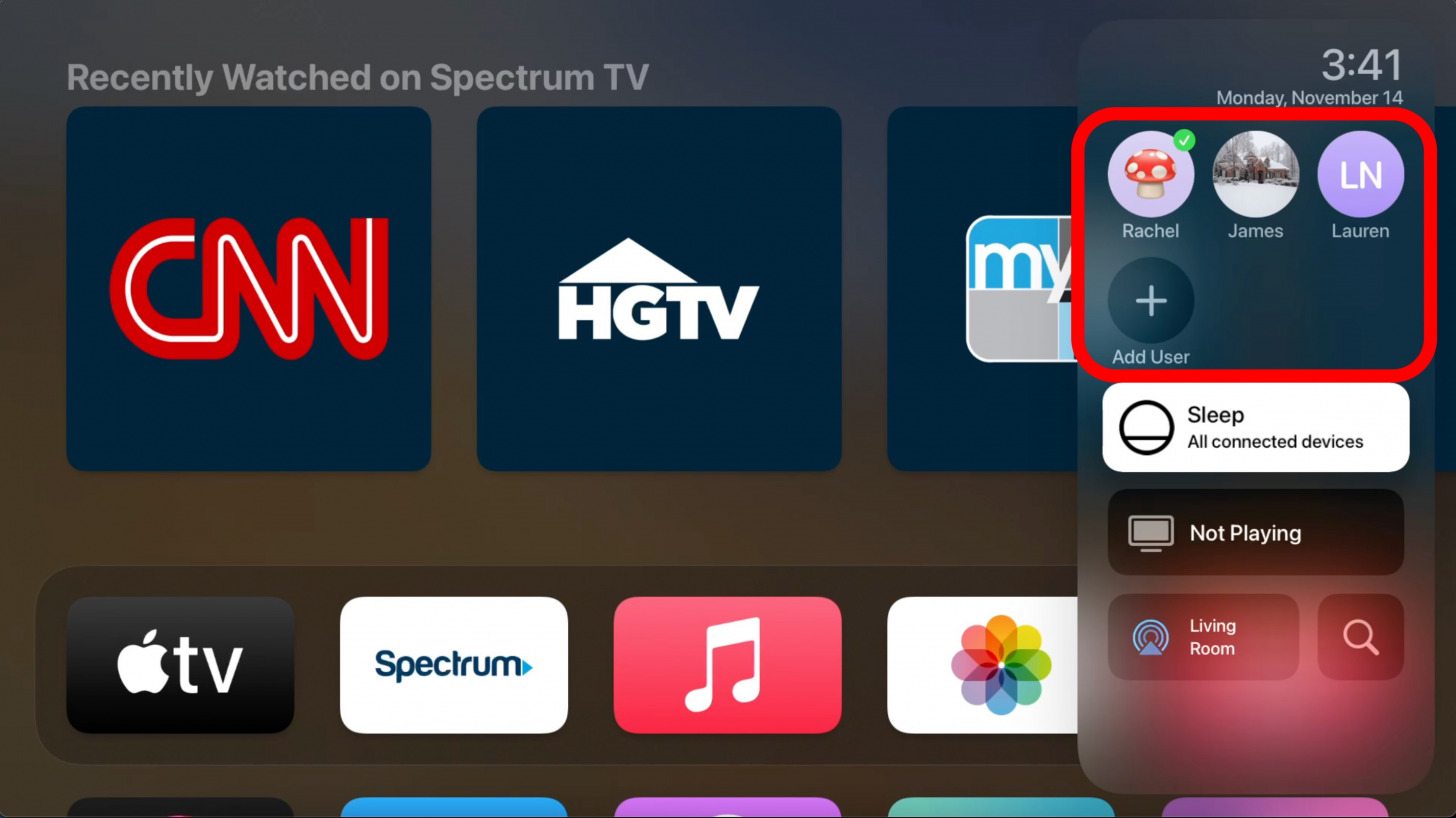 Sous la date se trouve la liste des utilisateurs qui ont accès à cette Apple TV.  Vous pouvez facilement basculer entre les profils d'utilisateurs en cliquant sur celui vers lequel vous souhaitez basculer.