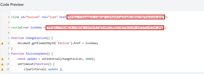 Collez le code HTML et supprimez les exemples de liens d'image favicon
