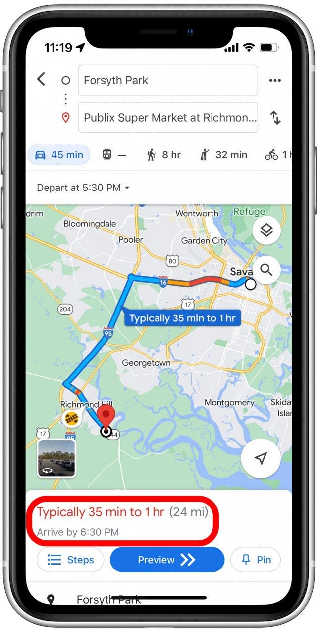 Google Maps vous montrera le trafic estimé pour votre voyage et à quelle heure vous arriverez probablement.