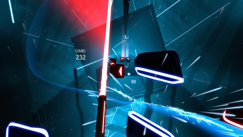 Capture d'écran d'un jeu VR appelé Beat Saber