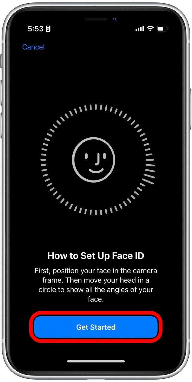 Appuyez sur Commencer et suivez l'invite à l'écran pour ajouter un deuxième visage à Face ID.