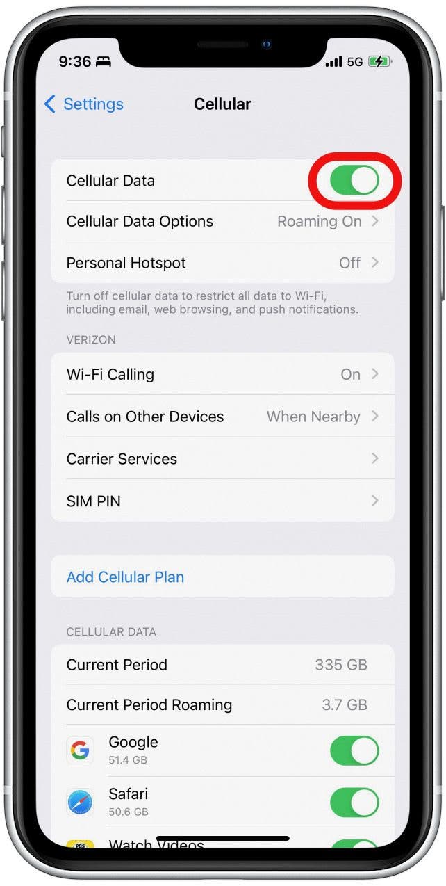 FaceTime sans Wifi - Étape 3 - Activer les données cellulaires