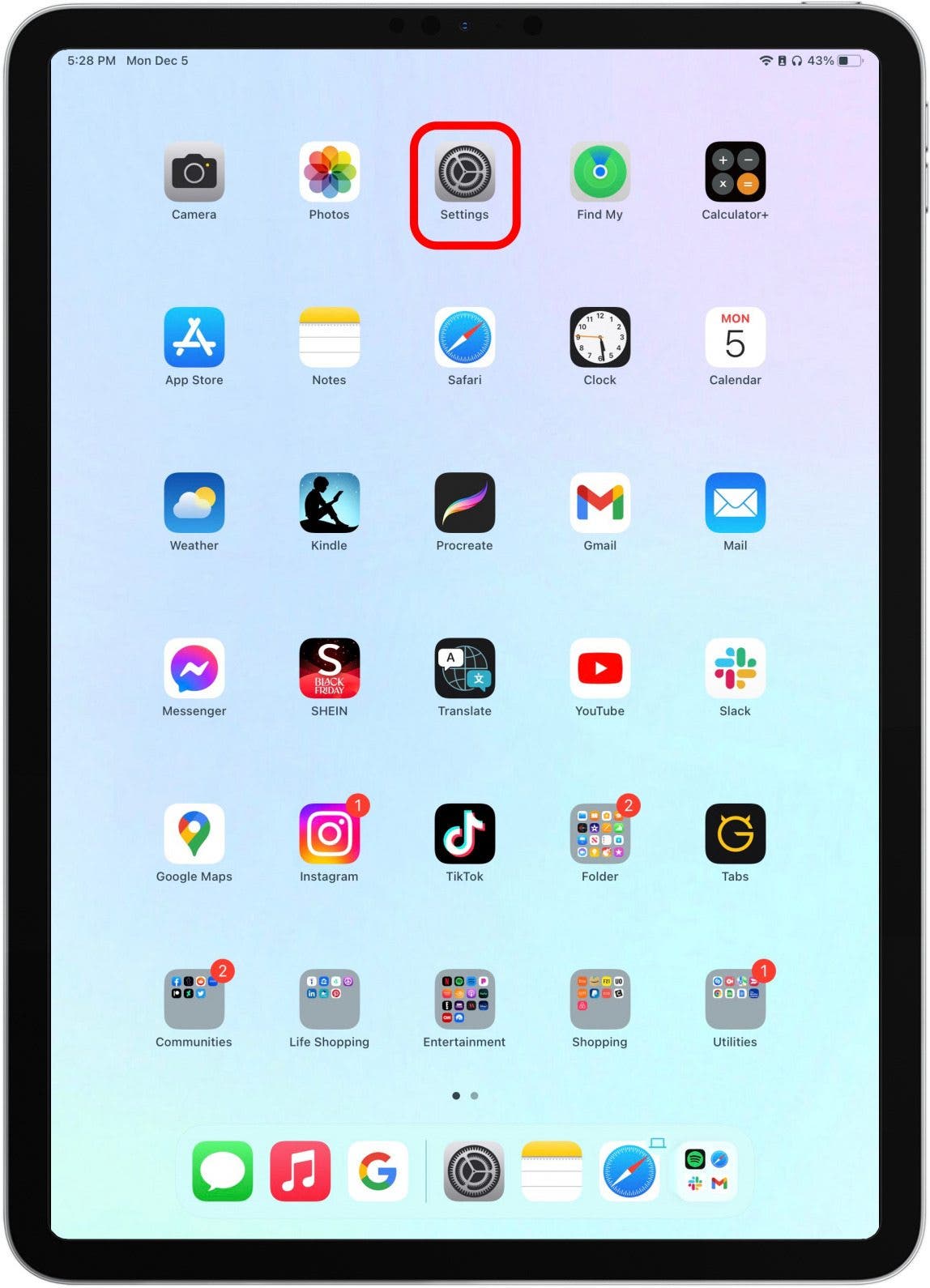 Sur votre iPad, accédez à Paramètres.