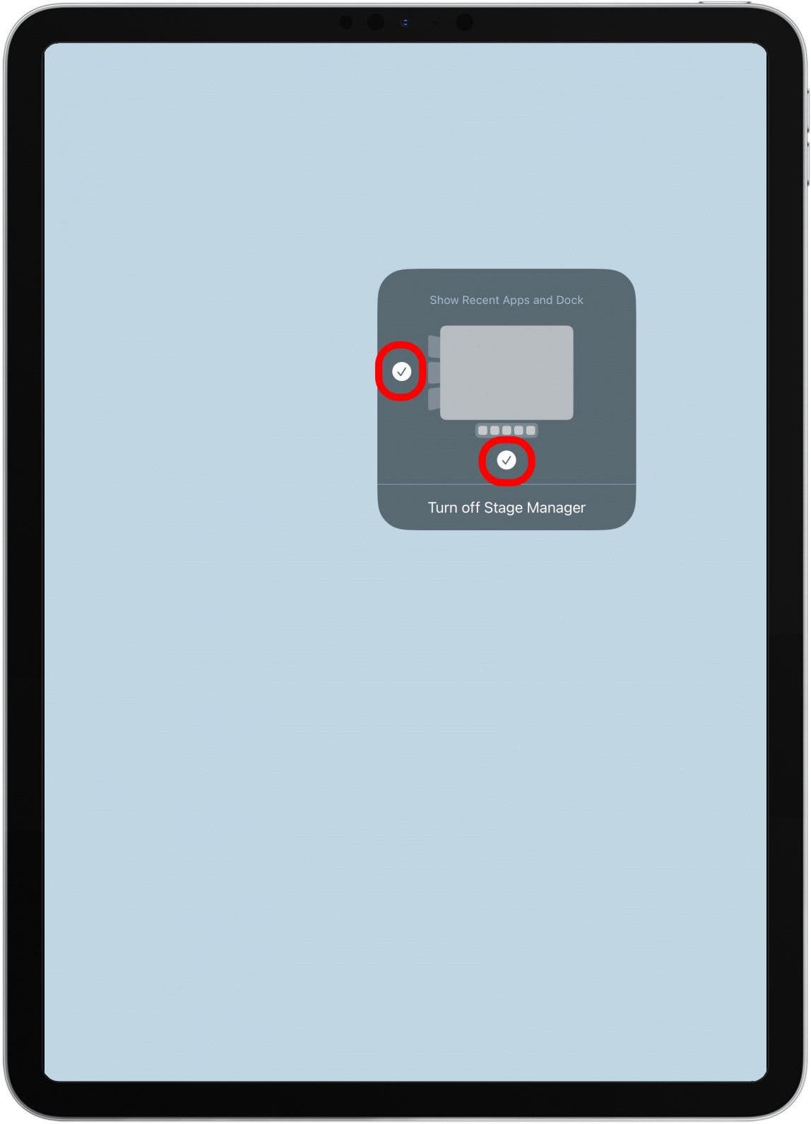 Vous pouvez également modifier les paramètres de Stage Manager dans Control Center en appuyant longuement sur l'icône.  Sélectionnez si vous souhaitez voir Dock et une barre latérale de vos applications ouvertes dans Stage Manager.