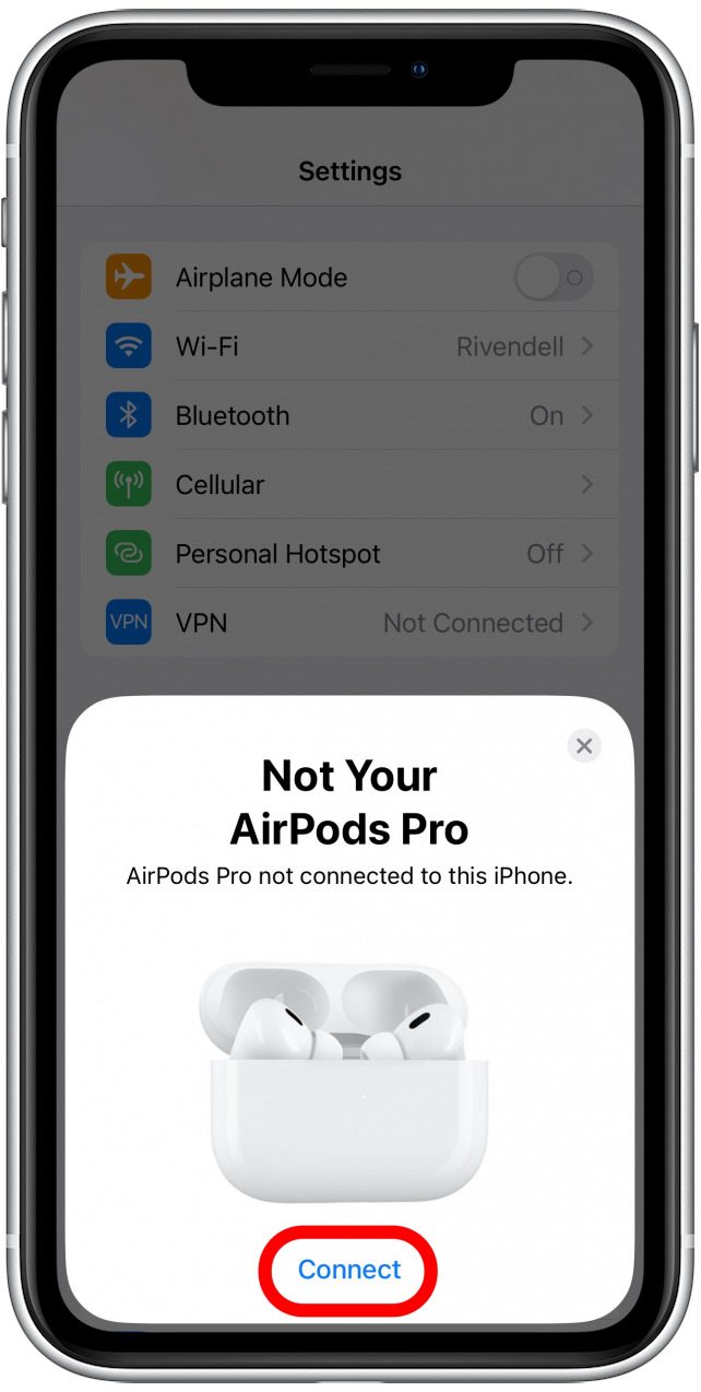Ouvrez votre étui AirPods et lorsque l'écran Pas vos AirPods apparaît sur votre iPhone, appuyez sur Connecter.