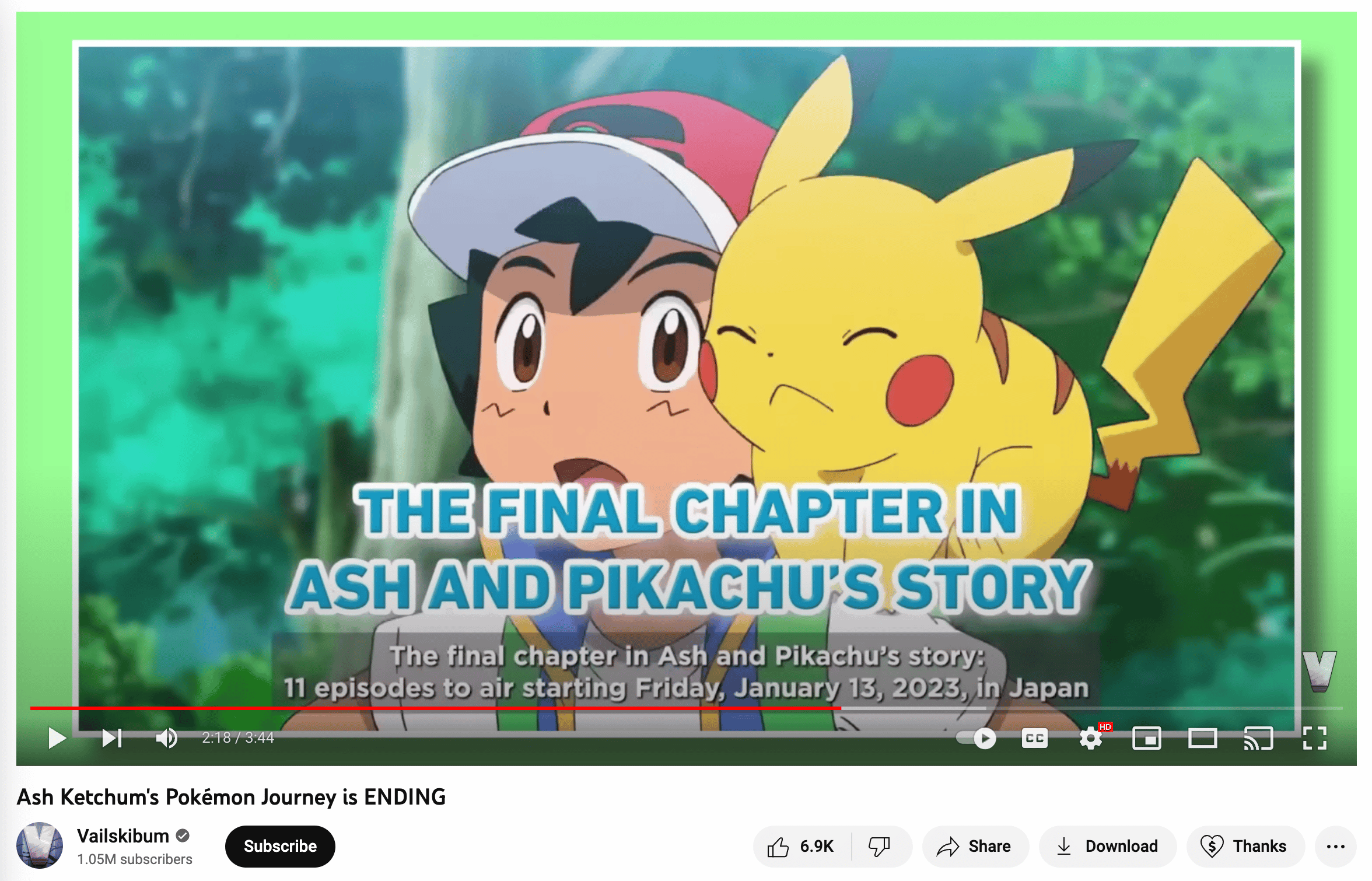 chaîne d'information sur l'animation rapportant la fin des cendres ketchum et pikachu
