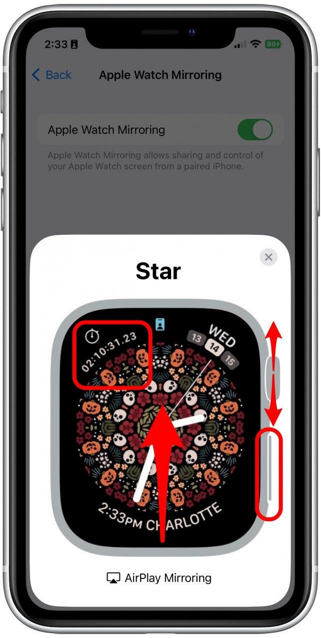 Maintenant, vous pouvez contrôler votre Apple Watch en appuyant sur l'image comme vous le feriez avec la montre Apple.  Vous pouvez également appuyer sur la couronne et le bouton latéral, ainsi que faire glisser votre doigt de haut en bas sur la couronne pour faire défiler.