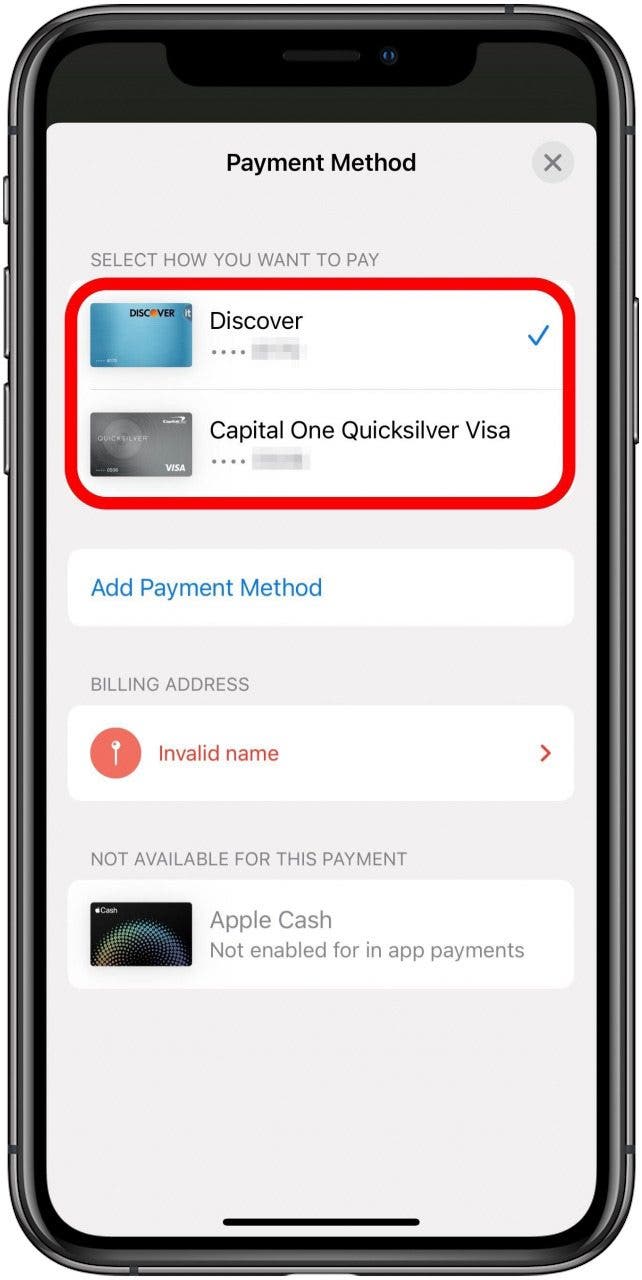 Écran Mode de paiement dans l'application Etsy avec les deux modes de paiement marqués.