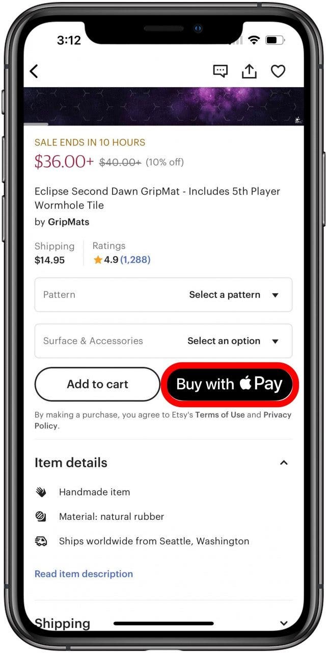 Écran d'achat Etsy avec le bouton Acheter avec Apple Pay marqué.