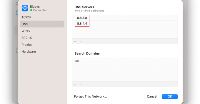 Ajouter les adresses des serveurs DNS de Google