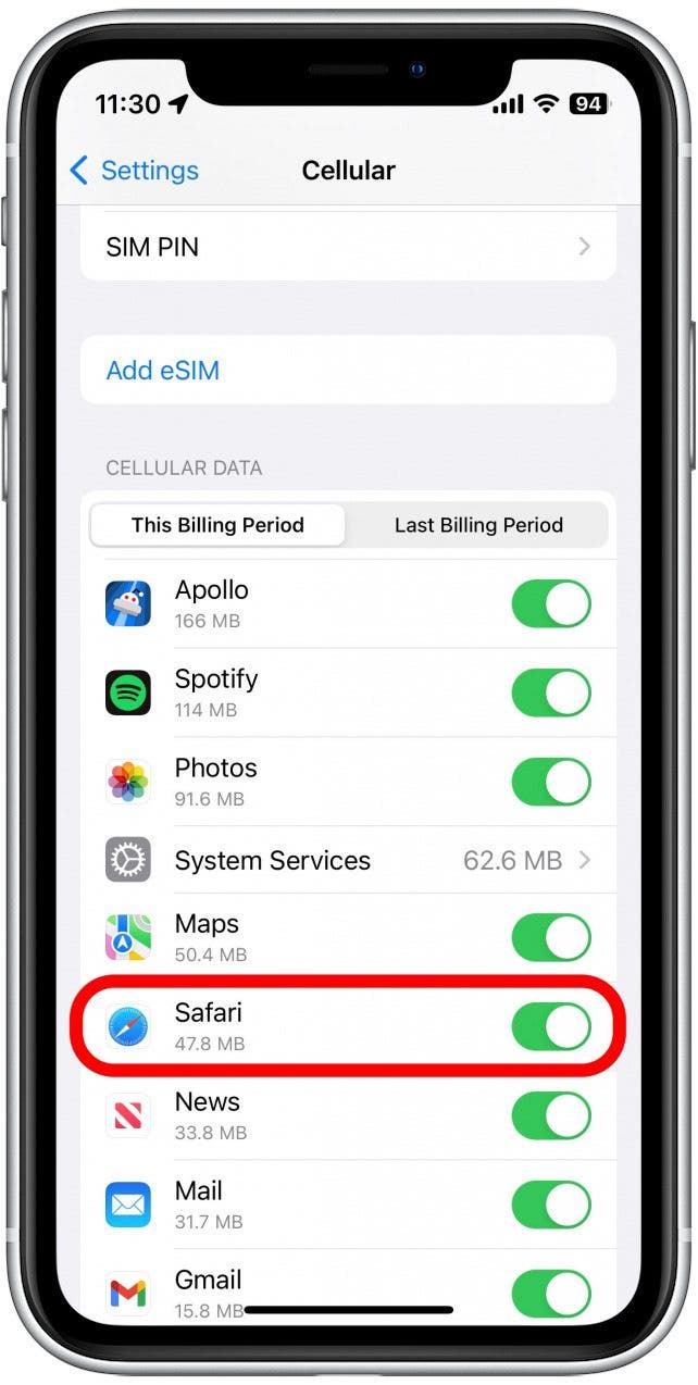 Si la bascule est grise, cela signifie que les données cellulaires sont désactivées pour Safari.  Appuyez dessus pour l'activer.