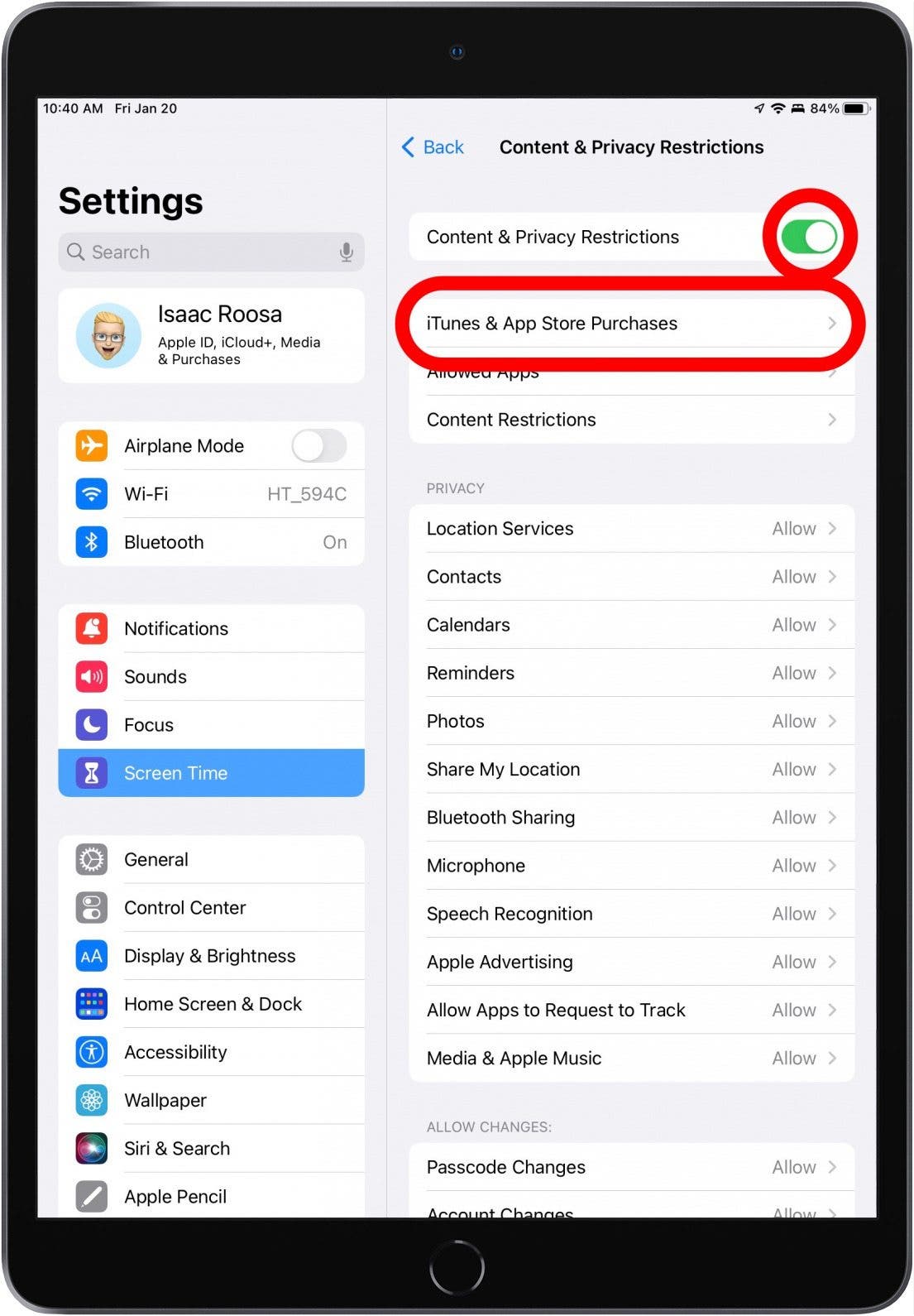 Si les restrictions de contenu et de confidentialité sont activées (vert), vous pourrez appuyer sur Achats iTunes et App Store.