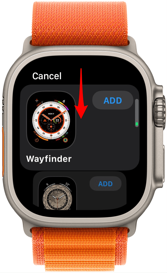 Faites défiler vers le bas en faisant glisser ou en tournant la couronne numérique jusqu'à ce que vous voyiez le cadran de la montre Wayfinder.