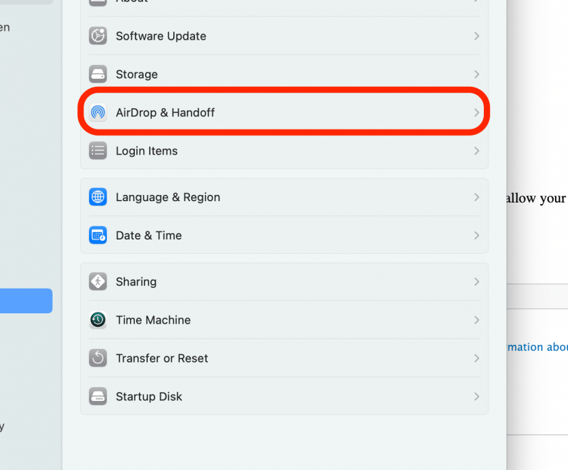 cliquez sur airdrop & handoff pour dissocier l'iphone du macbook