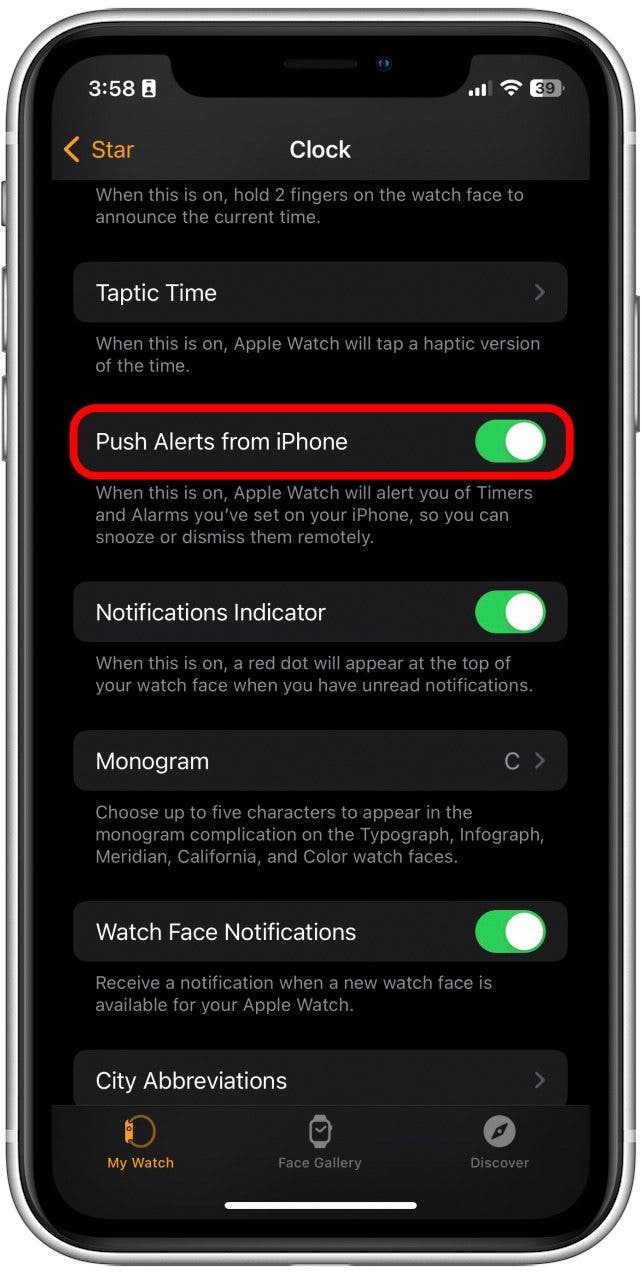 Ensuite, activez les alertes push de l'iPhone.  Il sera vert lorsqu'il sera activé.