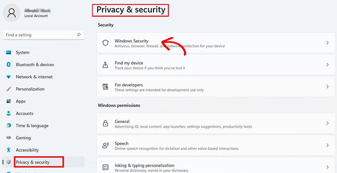 Accédez à Confidentialité et sécurité et sélectionnez Sécurité Windows