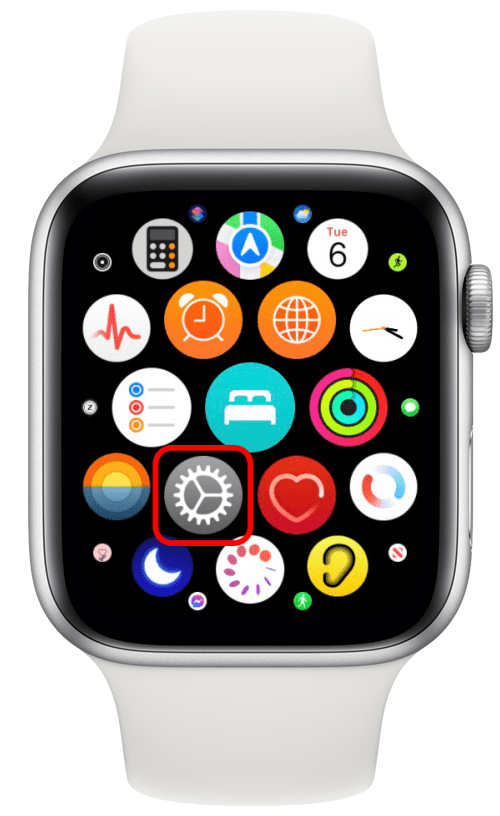 Réveillez votre Apple Watch, appuyez sur le bouton de l'écran d'accueil et ouvrez Paramètres.