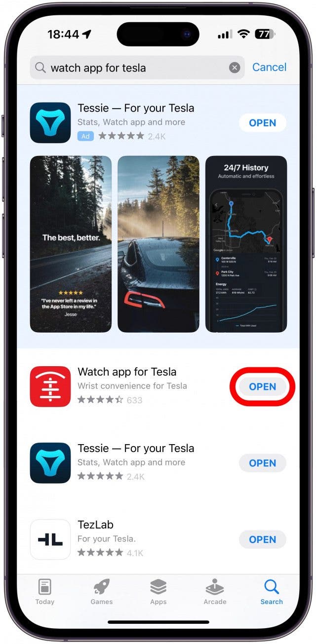 Téléchargez l'application Watch pour Tesla depuis l'App Store sur votre iPhone et ouvrez-la.