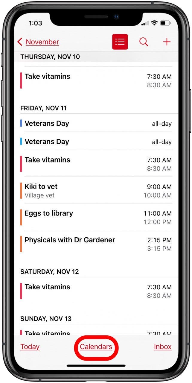 appuyez sur les calendriers dans l'application de calendrier iphone