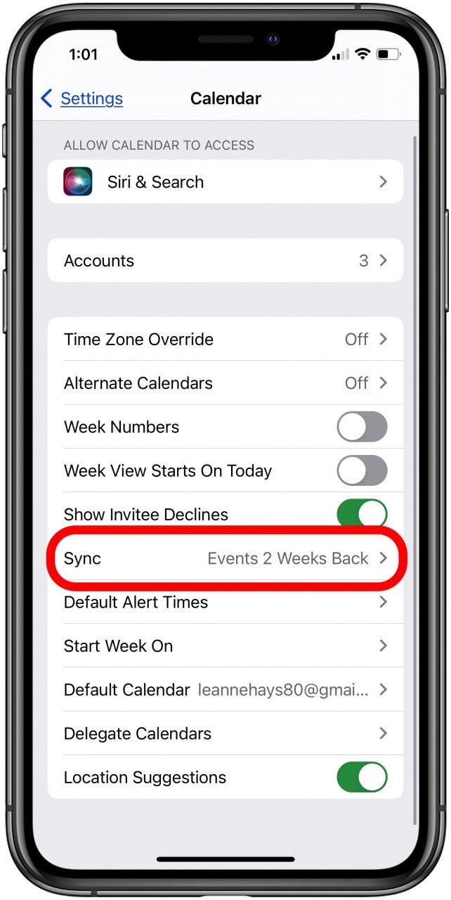 synchroniser le calendrier dans les paramètres de l'iphone