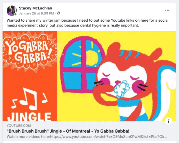 Vidéo YouTube de Yo Gabba Gabba partagée sur la page Facebook personnelle