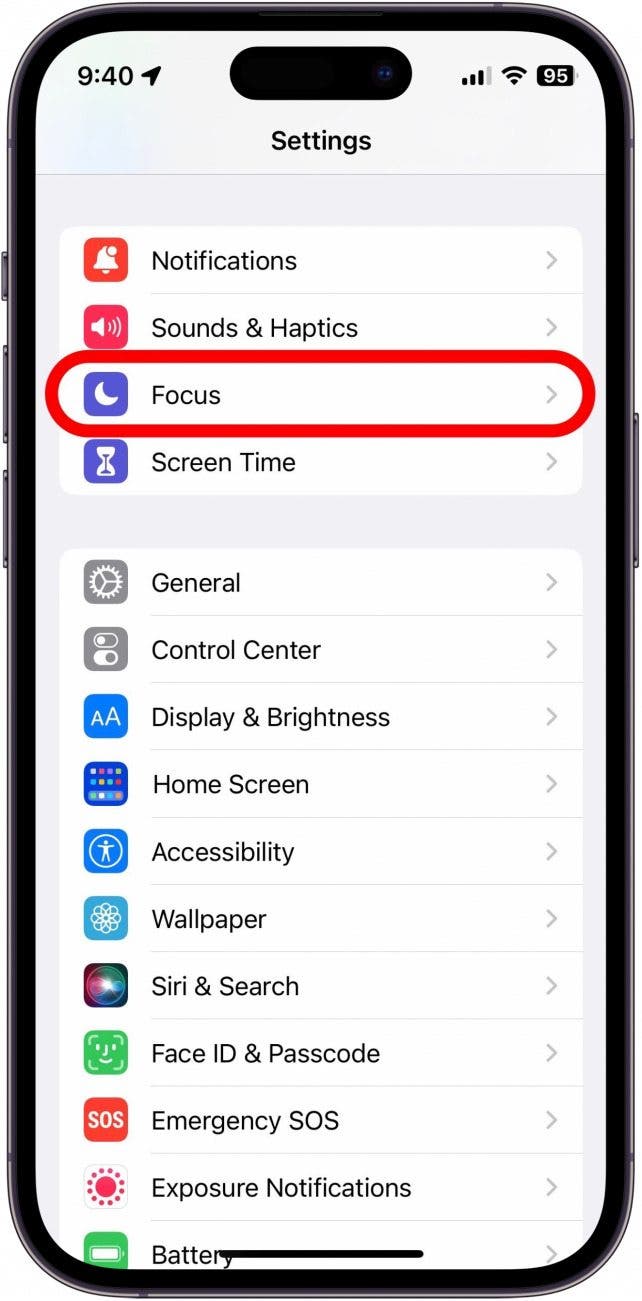 Sur votre iPhone, ouvrez Paramètres et appuyez sur Focus.