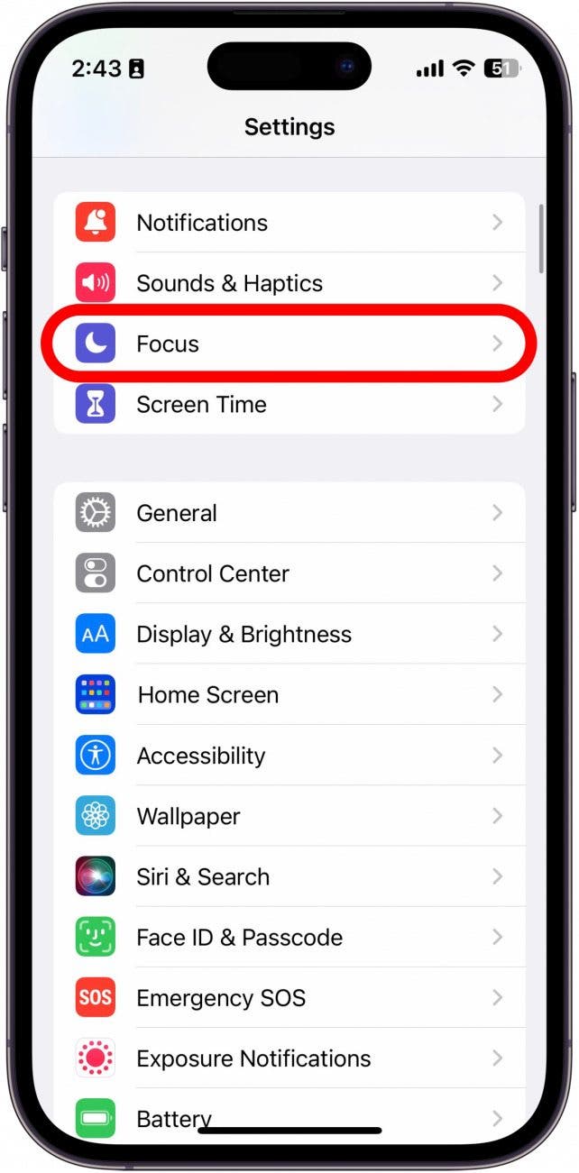 Ouvrez Paramètres sur votre iPhone et appuyez sur Focus.