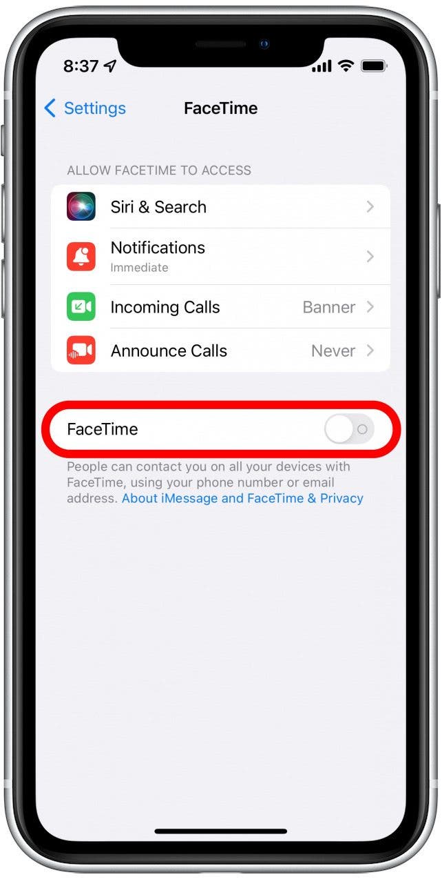 Si la bascule n'est pas activée, appuyez dessus pour activer FaceTime.