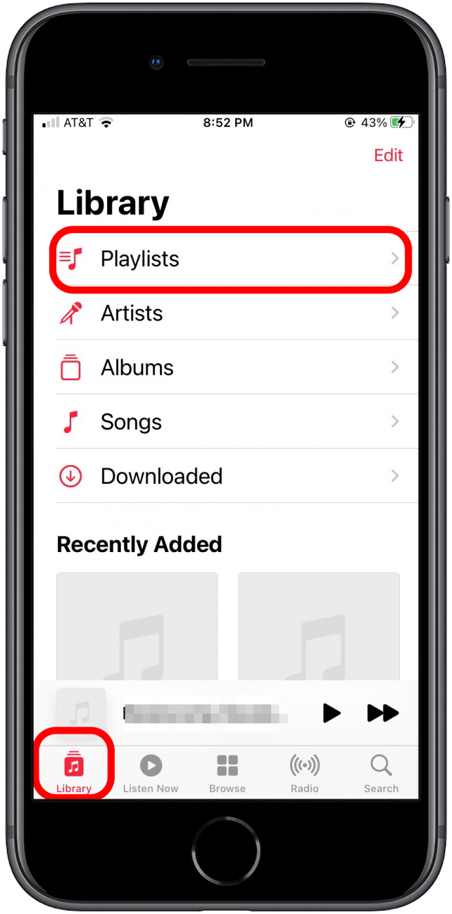Sélectionnez la vue Bibliothèque et listes de lecture dans l'application Apple Music.