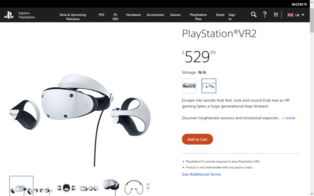 Capture d'écran PlayStation VR 2 de la page de vente au détail
