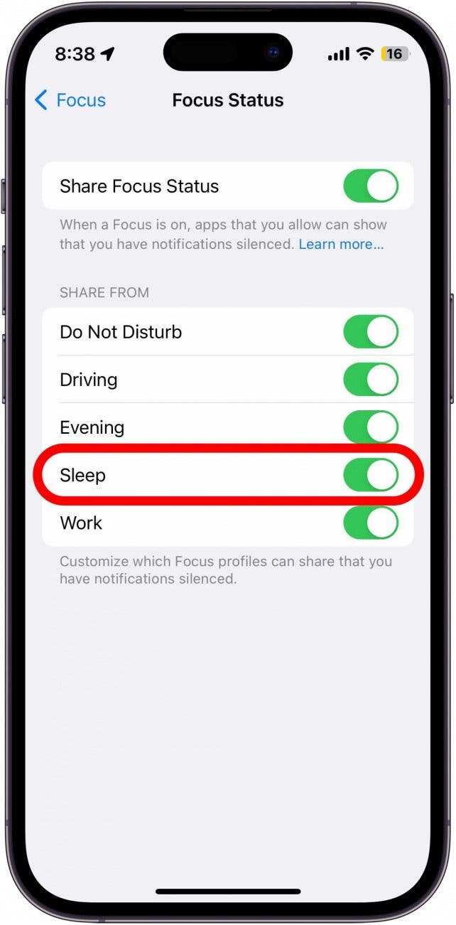 Par exemple, si vous ne voulez pas que quelqu'un puisse vous envoyer des SMS pendant que vous dormez, appuyez sur la bascule à côté de Veille.