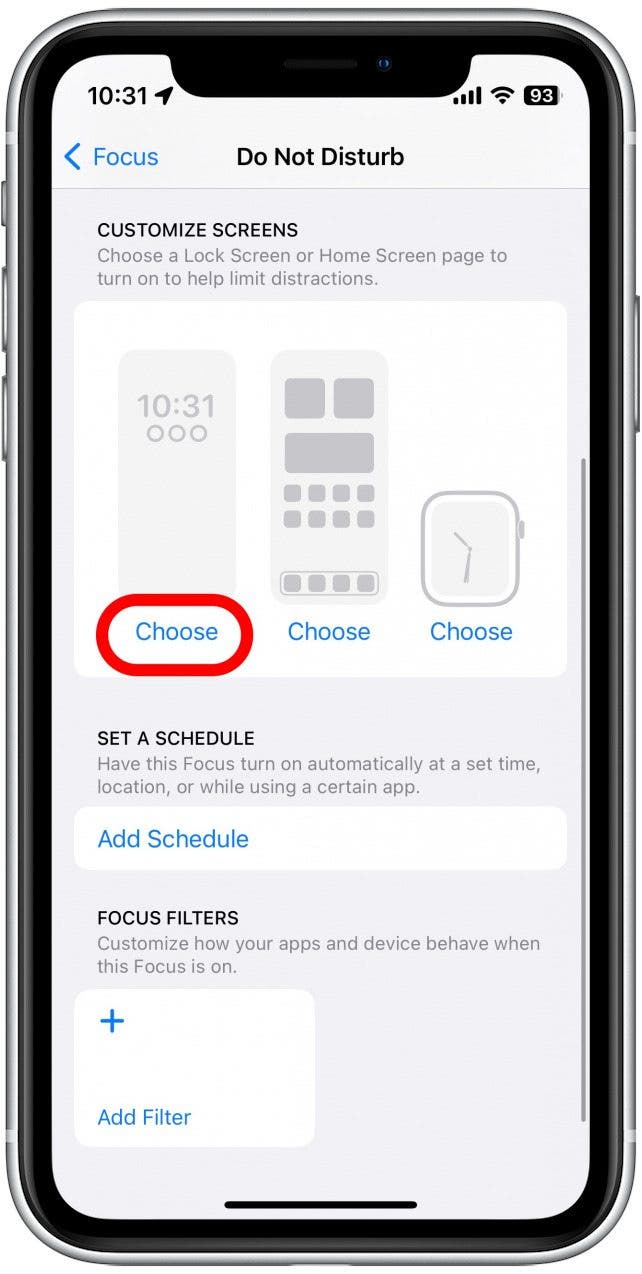 Appuyez sur Choisir sous chaque écran pour choisir un écran de verrouillage, un écran d'accueil et (si vous en avez un connecté) un Apple Watch Face qui apparaîtra lorsque la mise au point est active.