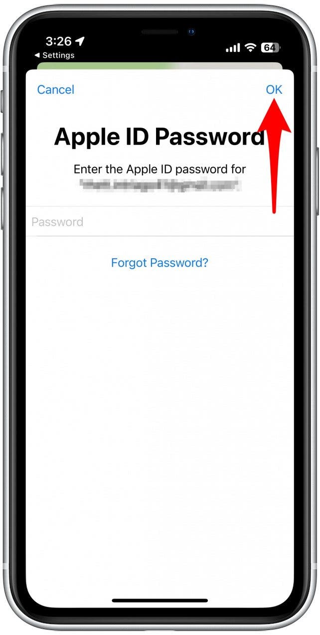 Appuyez sur OK après avoir saisi le mot de passe de votre identifiant Apple.