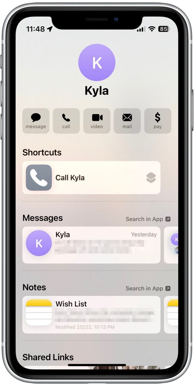 Capture d'écran de la fiche de contact de l'iPhone