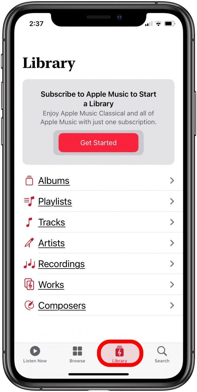 onglet de la bibliothèque d'applications classiques de musique apple