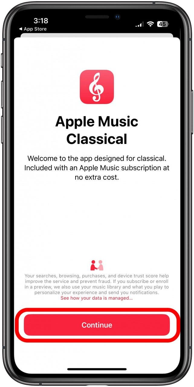 appuyez sur continuer pour ouvrir l'application Apple Music Classic