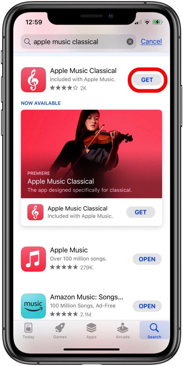 appuyez sur obtenir pour télécharger l'application Apple Music Classic