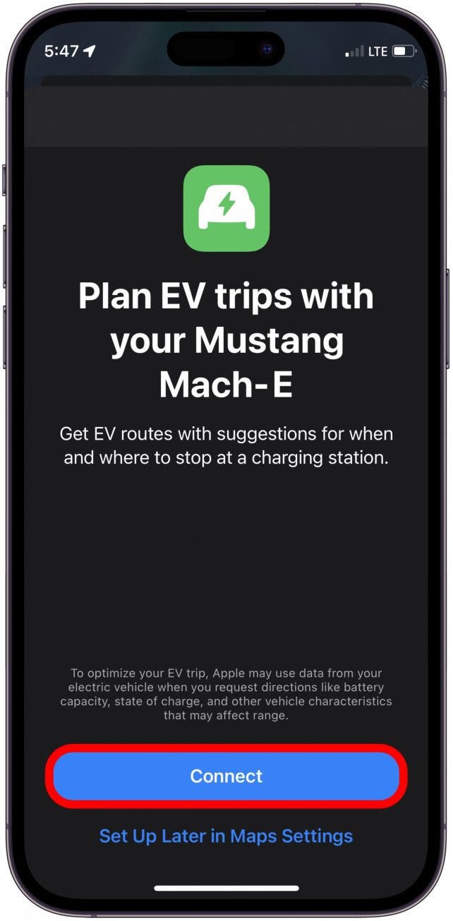 Lorsque vous voyez la page Planifier des trajets EV avec votre (Nom de la voiture), appuyez sur Connecter.