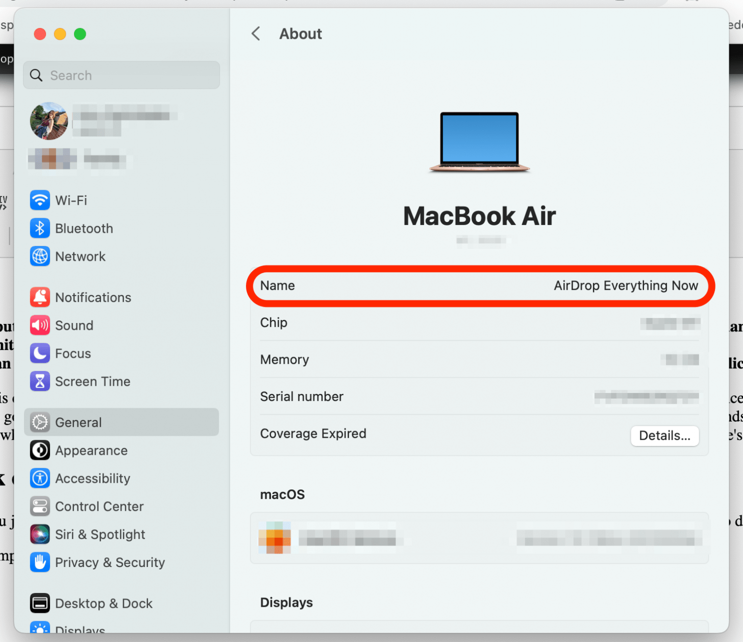 cliquez lorsque vous avez terminé, changez le nom du macbook