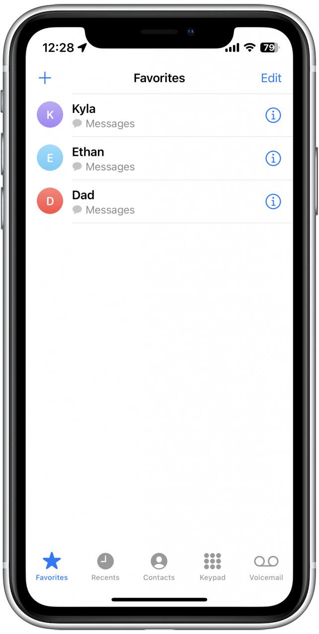 Capture d'écran de l'application pour téléphone iPhone affichant la liste des favoris