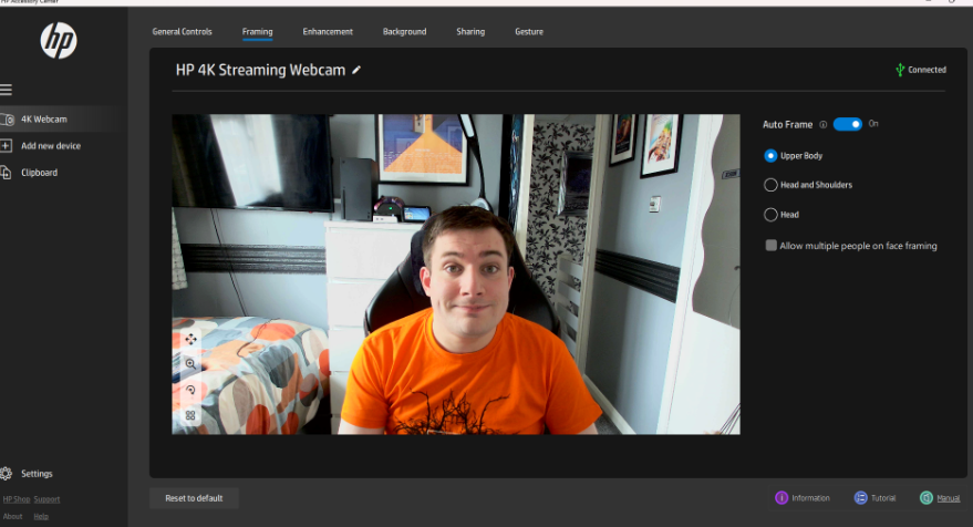 Une capture d'écran du logiciel de l'application HP, via la webcam HP 960 4K Streaming