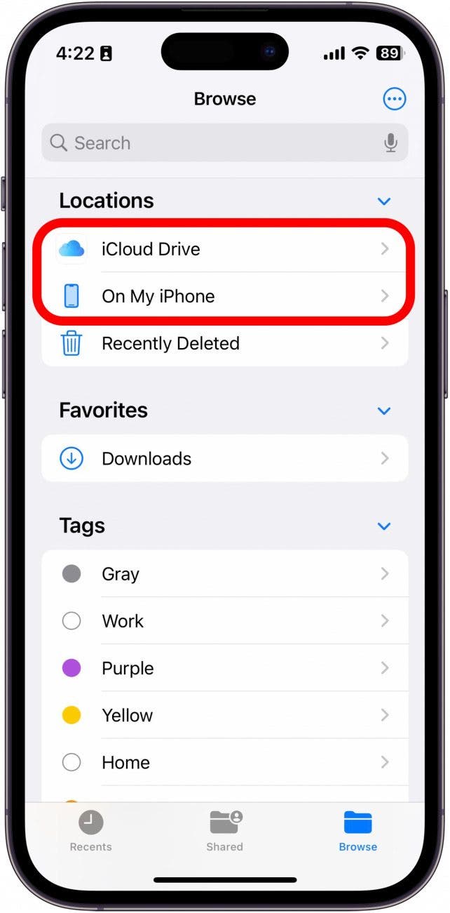 Selon l'endroit où vous avez quitté l'application Fichiers pour la dernière fois, vous pouvez appuyer sur iCloud Drive ou Sur mon iPhone.