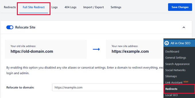 Redirection complète du site dans All in One SEO