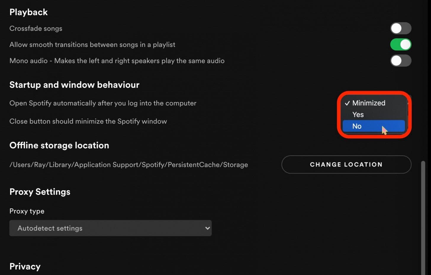 Faites défiler vers le bas jusqu'à Démarrage et comportement de la fenêtre, et dans le menu déroulant à côté de Ouvrir automatiquement Spotify après vous être connecté à l'ordinateur, sélectionnez Non.