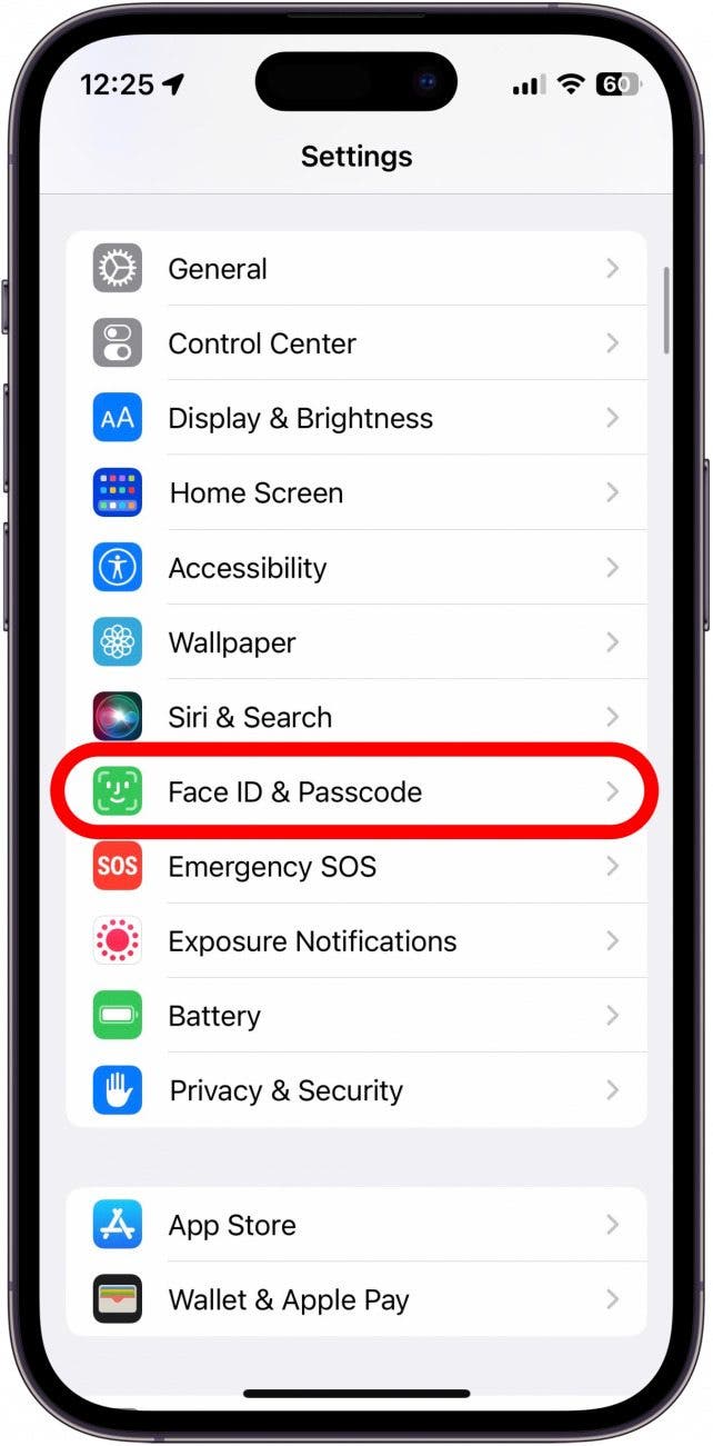 Ouvrez Paramètres et appuyez sur Face ID & Passcode.
