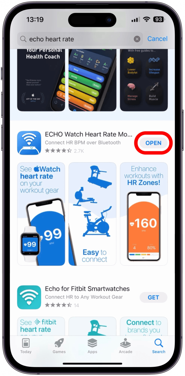 Téléchargez l'application ECHO Watch Heart Rate Monitor (gratuite avec options de mise à niveau) et ouvrez-la.