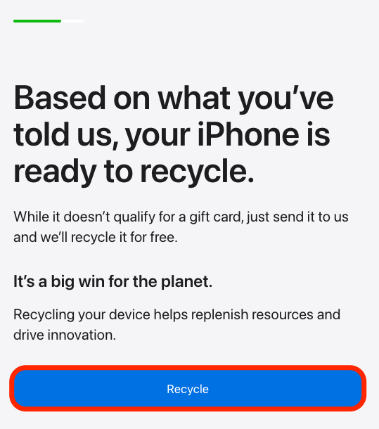 cliquez sur recycler pour démarrer le processus de recyclage de votre iphone