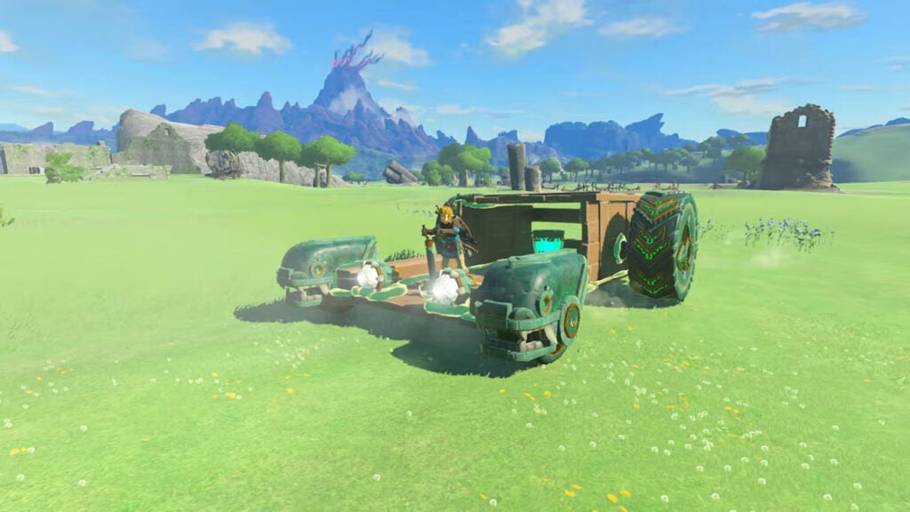 Link conduisant un véhicule qu'il a construit dans Tears of the Kingdom