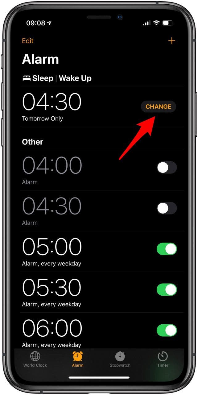 Ouvrez l'application Horloge et appuyez sur Modifier sous Veille |  Réveillez-vous.